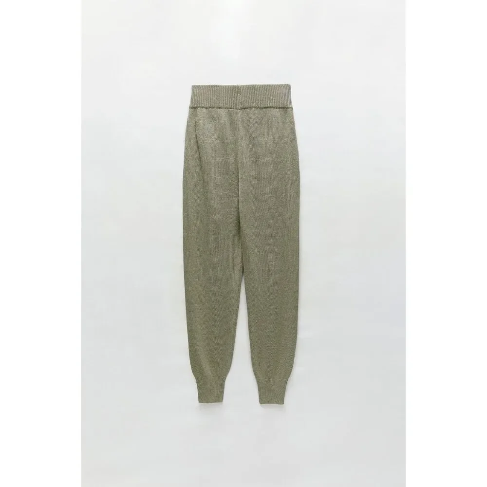 Green Zara Elastic Waist Linen Blend Knit Jogger Pants (NWT)